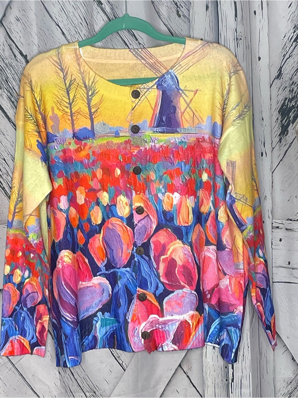 Women's Multicolor Button-Front Sweater w/Tulips & Windmill XL